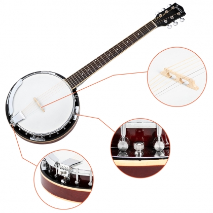 Banjo; Glarry Exquisite Sapele Wood&Metal 5-String Right-Handed Banjos Stringed Musical Instrument Banjo Set With Strings; Birthday Holiday Christmas Gift For Kids Teens & Adults; Wood Color&White 
